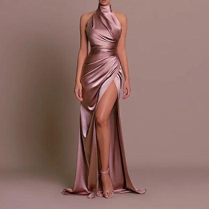 Summer New Half High Collar Halter Dress Elegant Slim Sleeveless Satin Evening Dress Chic Solid High Split Pleated Banquet Dress