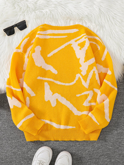 New Popular Spring Autumn Graffiti Jacquard Pattern Pullover Sweater Casual Round Neck Contrast Color Knitted Men's Pullover