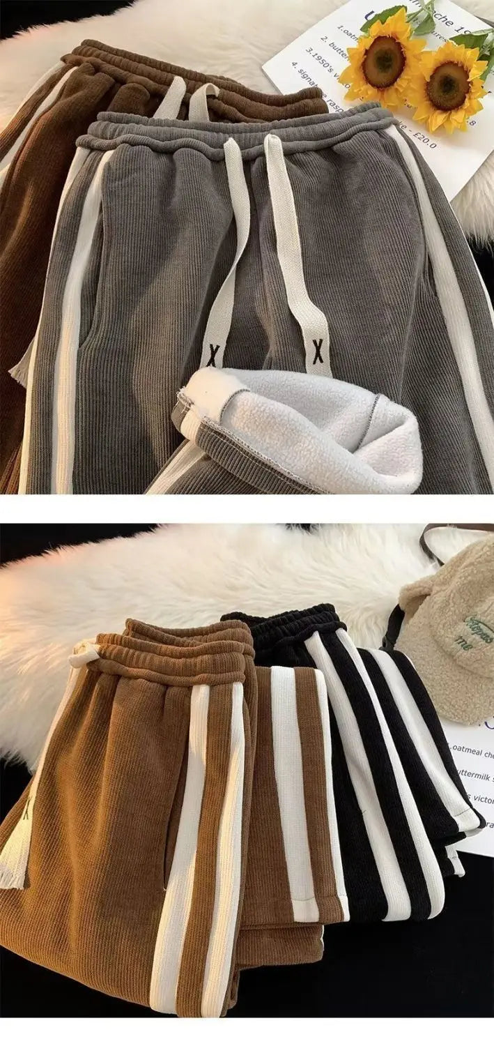 Thickened Fleece Corduroy Pants High Waist Loose Straight Leg Striped High School Students Autumn Winter Fashion Brand Teenag...