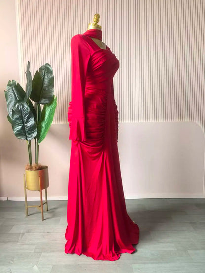 CM.YAYA Women Skew Neck Flare Long Sleeve Ruched Stacked Maxi Long Dress Fall Birthday Evening Sexy Party Dresses with Scarf