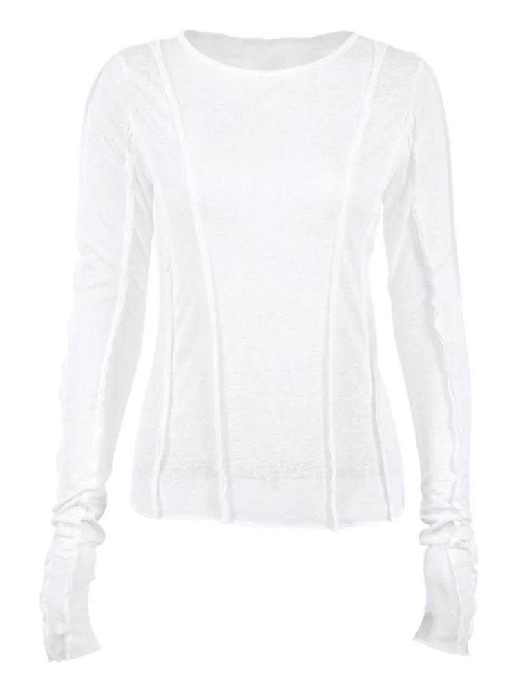 White O-Neck Women'S T-Shirt 2022 Elegant Yellow Long Sleeve Fall Tee Shirt Casual Slim Elastic Solid Top Female
