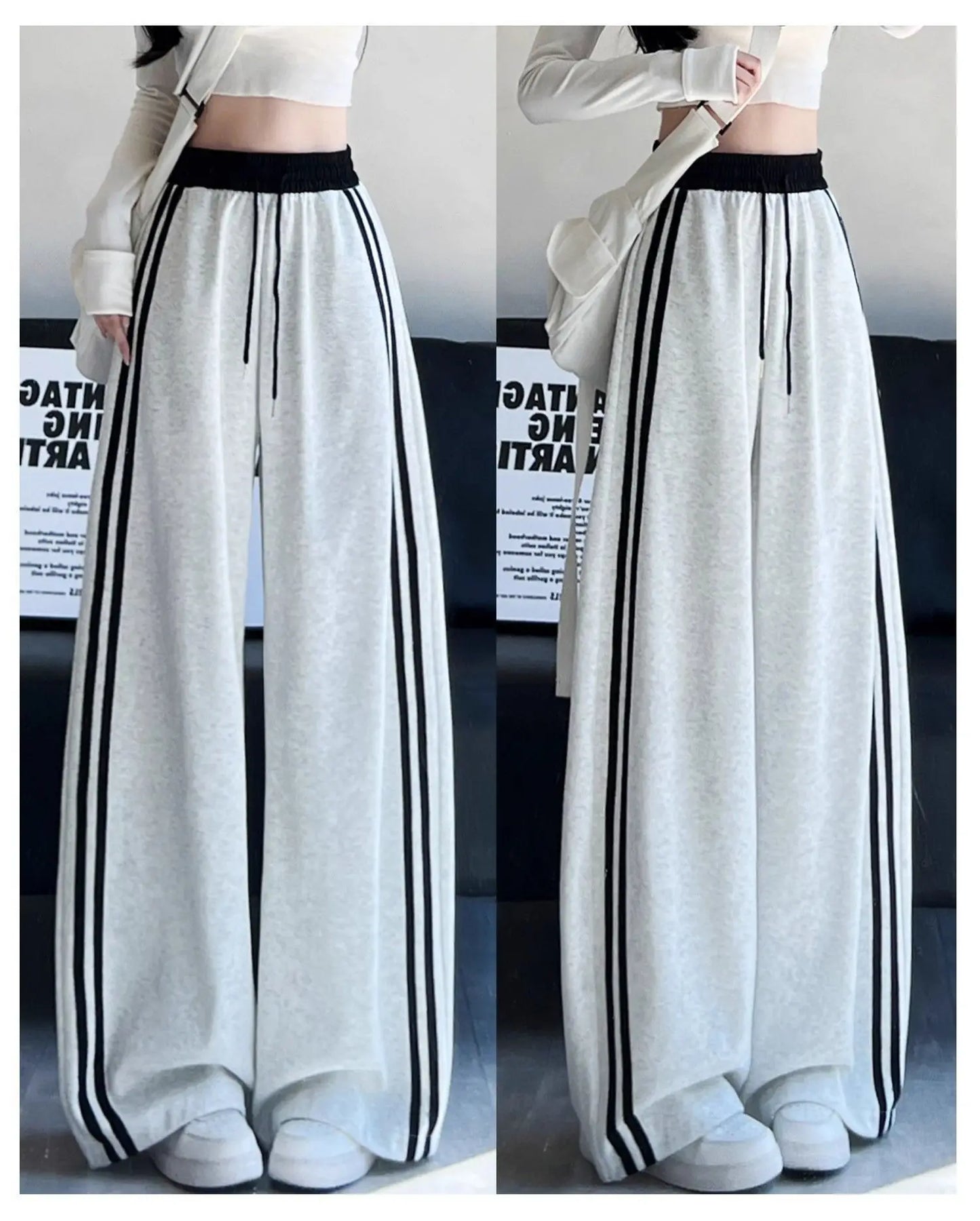 High Waist Wide Leg Pants Women's Spring Autumn New Style Loose American Knife Edge Sports Trousers Color Block Striped