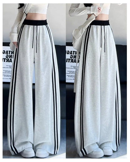High Waist Wide Leg Pants Women's Spring Autumn New Style Loose American Knife Edge Sports Trousers Color Block Striped