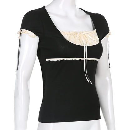 Y2k Lace Trim Crop Top Bow Cute Sweet Square Neck Tee Short Sleeve Harajuku Casual T Shirt Women Prepply Retro Korean Top Summer