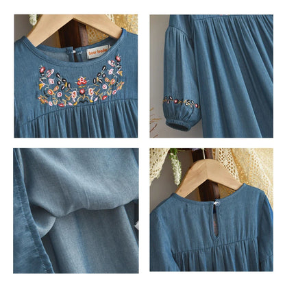 Bear Leader Korean Version Long Sleeve Blue Girls dresses on clearance sale Autumn Imitation Denim Flower Embroidery Dress