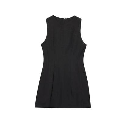 ETJ2025 summer new  women's ZW series elegant simple classic puffy round neck sleeveless waist short dress