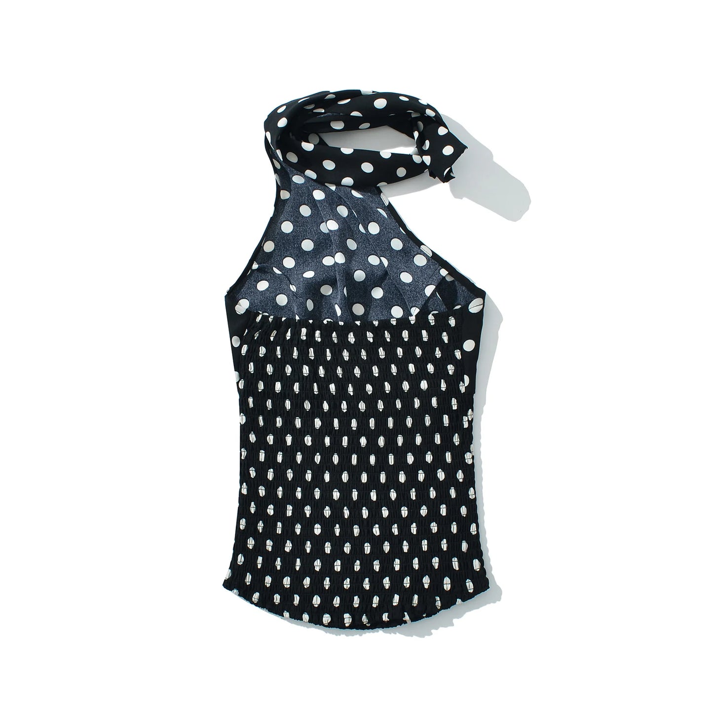 2025 Sexy Black White Polka Dot Halter Tank Top + Tie Bow Sashes Elastic Waist Ruched Ball Gown BUD Mini Skirt 2 Pieces 1 Set