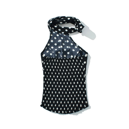 2025 Sexy Black White Polka Dot Halter Tank Top + Tie Bow Sashes Elastic Waist Ruched Ball Gown BUD Mini Skirt 2 Pieces 1 Set