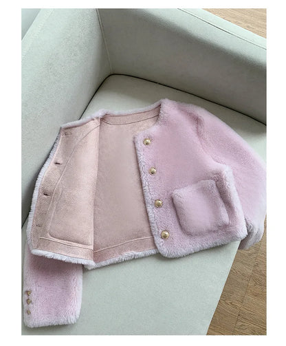 Woman Genuine Sheepskin Jackets Coat Female Winter Shearling Coats Real Lamb Fur O-neck Natural  Outewear  Overcoat G152