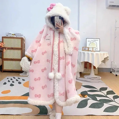 Miniso Kawaii Hellokitty Plush Robes Girls Cute Sanrio Anime Y2K Pajamas Hooded Blanket Casual Fleece Sleepwear Women Clothing