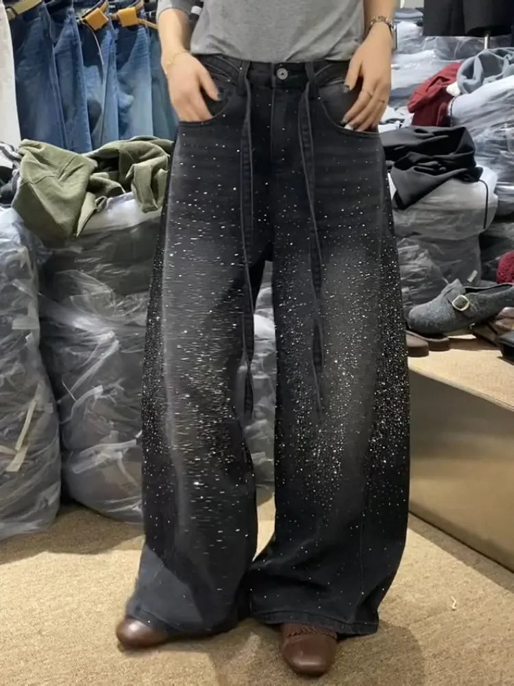 Glittering Rhinestone Denim Pants Women's Jeans New Wide Leg  Design Sensation Floor-Length Pants loose jeans