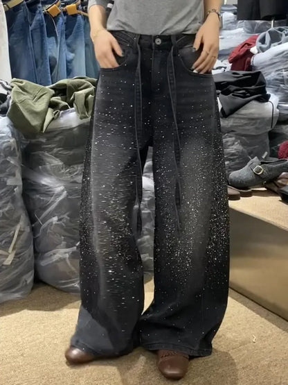 Glittering Rhinestone Denim Pants Women's Jeans New Wide Leg  Design Sensation Floor-Length Pants loose jeans