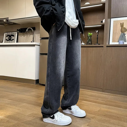 Trendy Black Straight Leg Jeans Men's Autumn Winter Loose Fit High Street Wide Leg Pants Casual Style plus Size Jeans