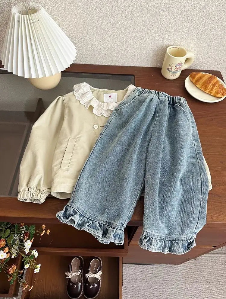 Girls' jeans, spring and autumn styles, children's casual loose wide leg pants, baby autumn clothes, versatile pants