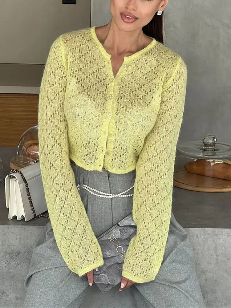 Tossy Summer Knitwear Hollow Out Cardigan Female Long Sleeve Casual Cropped Top Patchwork See-Through Knit Cardigan Outwear 2025