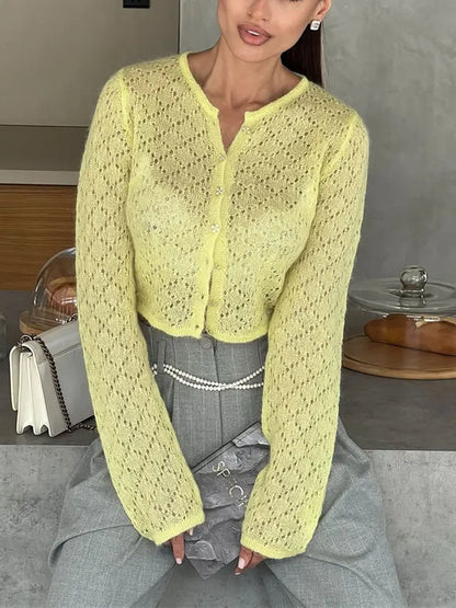 Tossy Summer Knitwear Hollow Out Cardigan Female Long Sleeve Casual Cropped Top Patchwork See-Through Knit Cardigan Outwear 2025