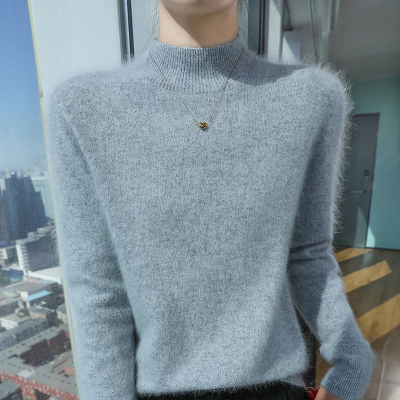 100% Pure Mink Cashmere Knitted Sweater Women's Semi-High Neck Loose Pullovers Casual Joker Warm Bottoming Shirt Autumn Blouse
