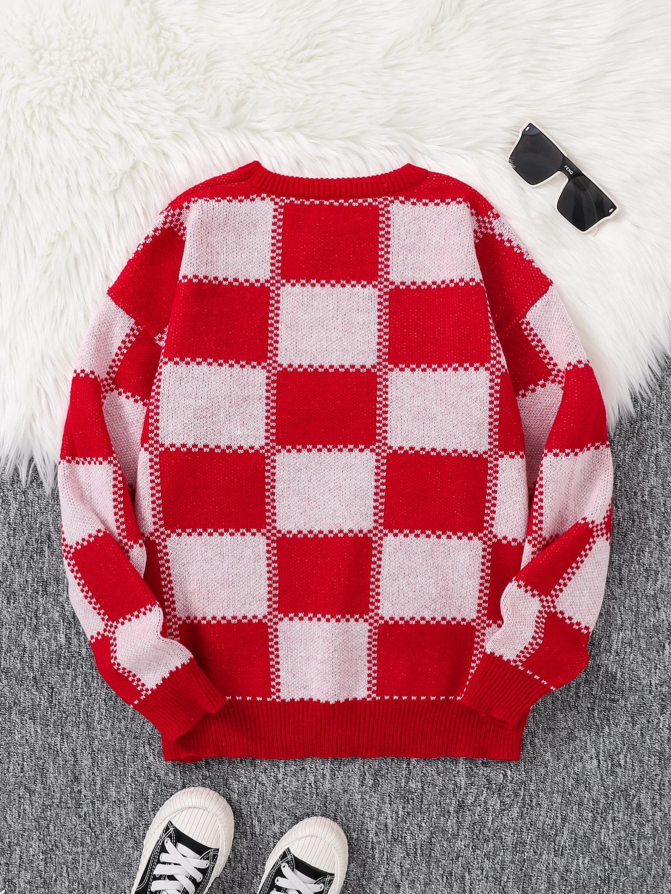 Retro Trendy Plaid Jacquard Pattern Pullover Sweater Casual Round Neck Color-Block Knit Men's Pullover