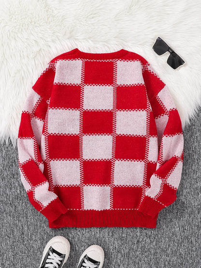 Retro Trendy Plaid Jacquard Pattern Pullover Sweater Casual Round Neck Color-Block Knit Men's Pullover