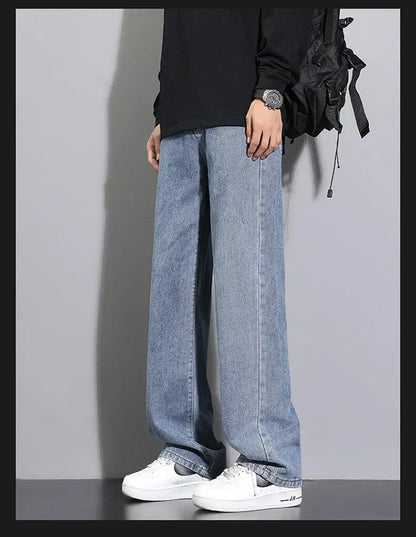 2026 New Korean Men's Casual Long Jeans Classic Man Straight Denim Wide-leg Pants Solid Color Light Blue Grey Black