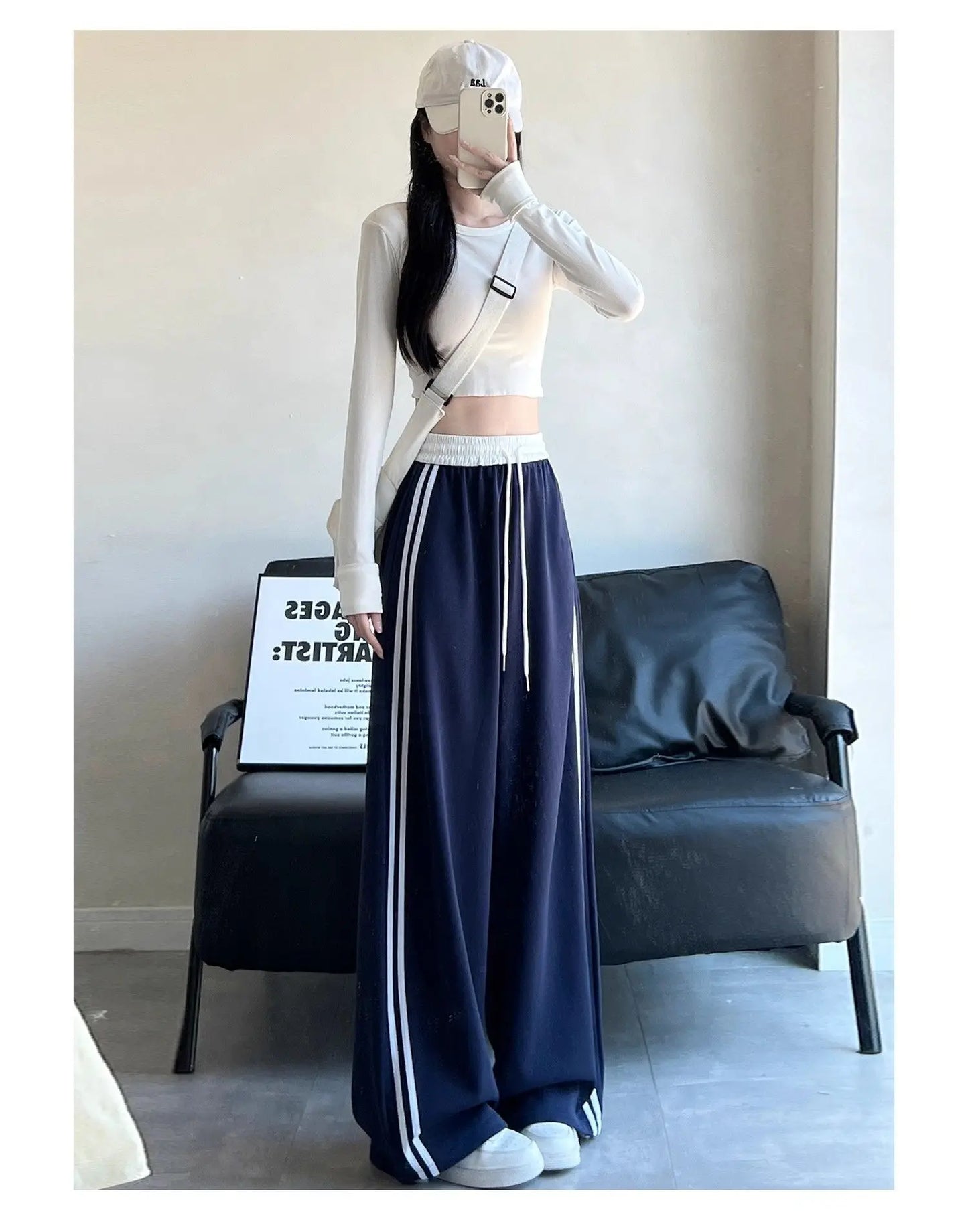 High Waist Wide Leg Pants Women's Spring Autumn New Style Loose American Knife Edge Sports Trousers Color Block Striped