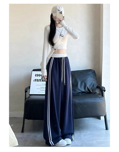 High Waist Wide Leg Pants Women's Spring Autumn New Style Loose American Knife Edge Sports Trousers Color Block Striped