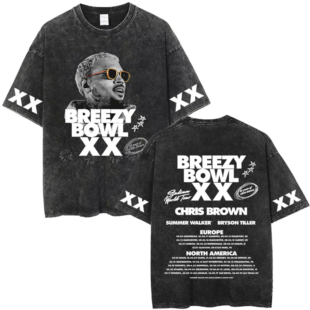 Vintage Washed Chris Brown Graphic T-shirt Breezy Bowl XX Tour 2025 Merch T Shirts Men Women Hip Hop Fashion Oversized T-shirts