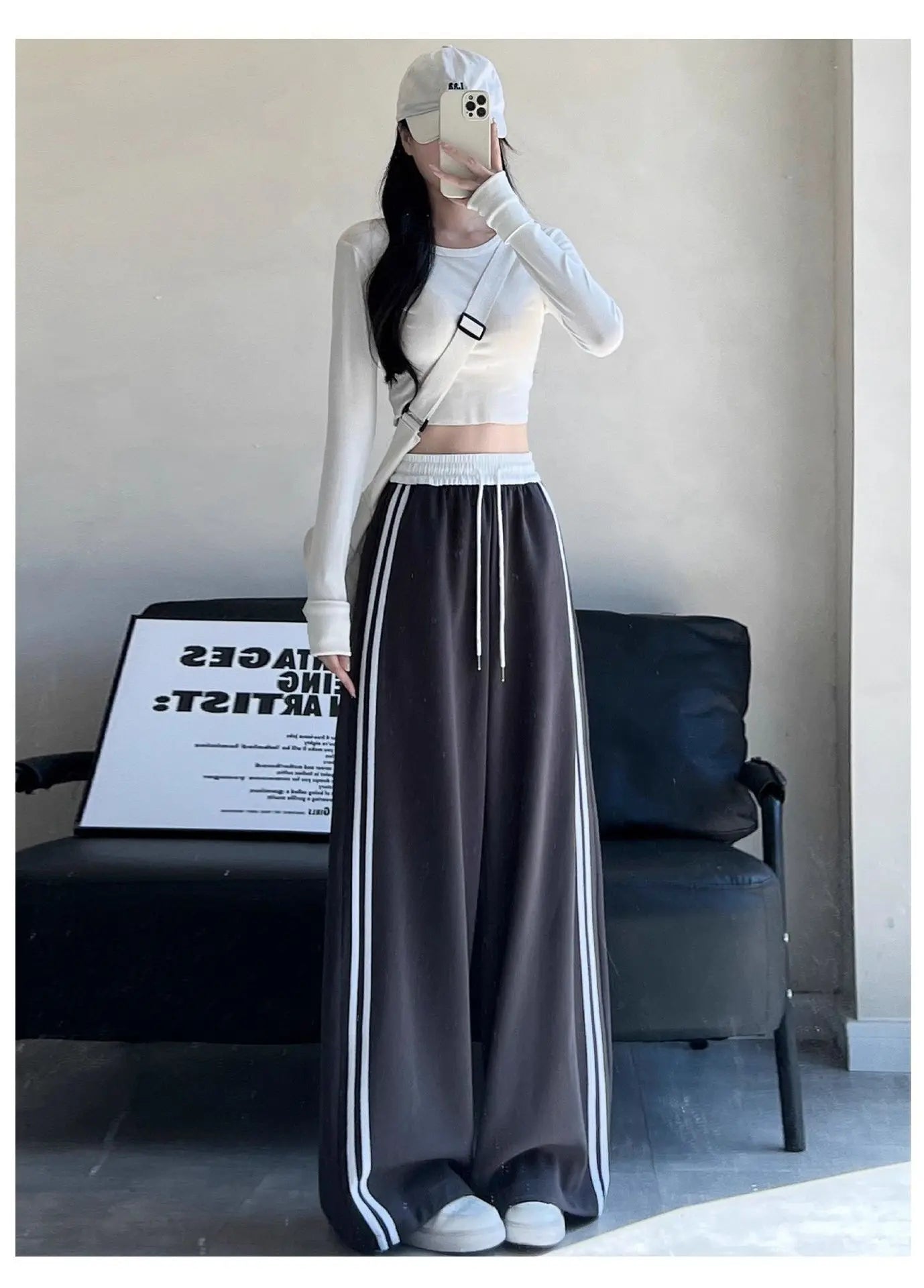 High Waist Wide Leg Pants Women's Spring Autumn New Style Loose American Knife Edge Sports Trousers Color Block Striped