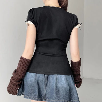 Y2k Lace Trim Crop Top Bow Cute Sweet Square Neck Tee Short Sleeve Harajuku Casual T Shirt Women Prepply Retro Korean Top Summer