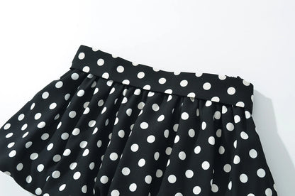 2025 Sexy Black White Polka Dot Halter Tank Top + Tie Bow Sashes Elastic Waist Ruched Ball Gown BUD Mini Skirt 2 Pieces 1 Set