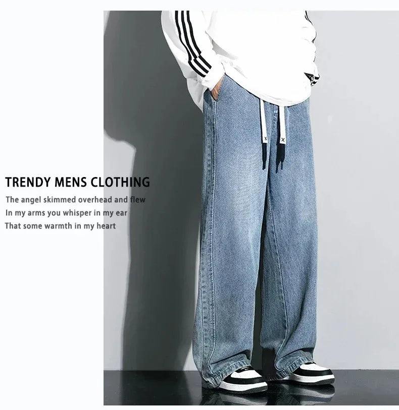8XL New Wide Leg Washing Jean Pants Men Trousers Neutral Solid Color Loose Casual Straight Outdoor Fashion Plus Size Pants