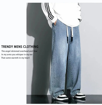 8XL New Wide Leg Washing Jean Pants Men Trousers Neutral Solid Color Loose Casual Straight Outdoor Fashion Plus Size Pants