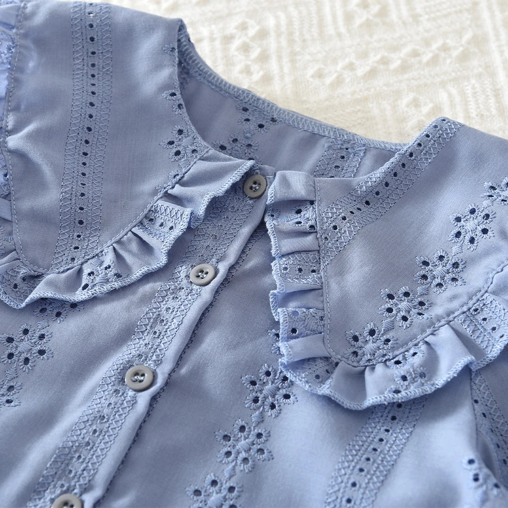 Bear Leader Blue Embroidered Flower Kids Clothes Girls Autumn Long Sleeved Lapel Single Breasted Shirt Top+Short Skirt 2Pcs Set