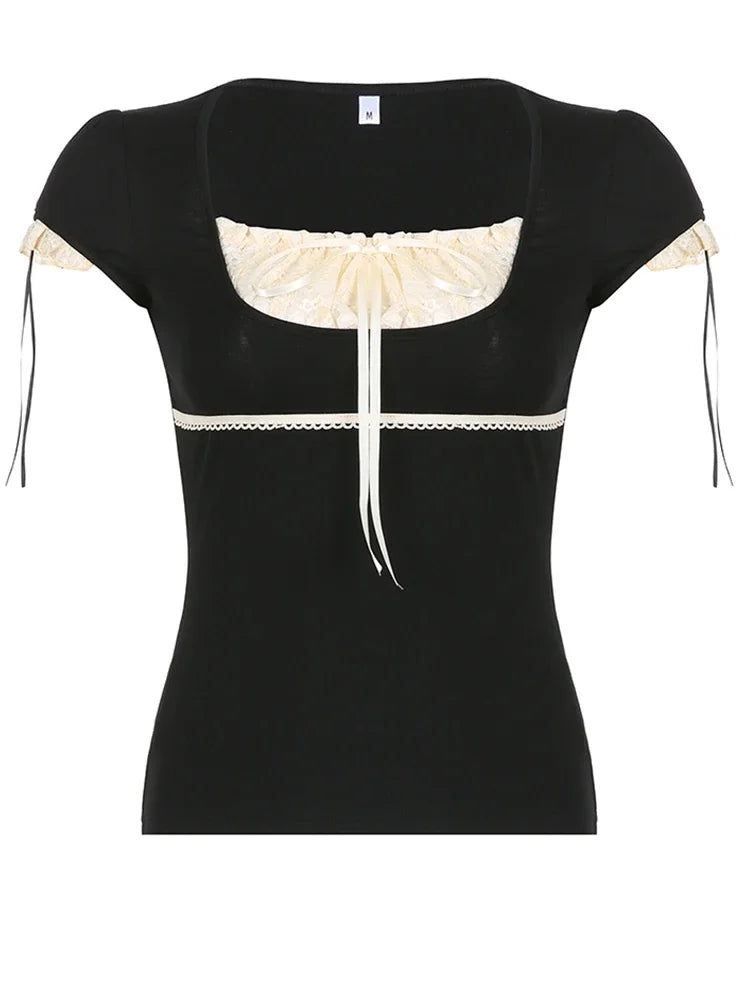 Y2k Lace Trim Crop Top Bow Cute Sweet Square Neck Tee Short Sleeve Harajuku Casual T Shirt Women Prepply Retro Korean Top Summer