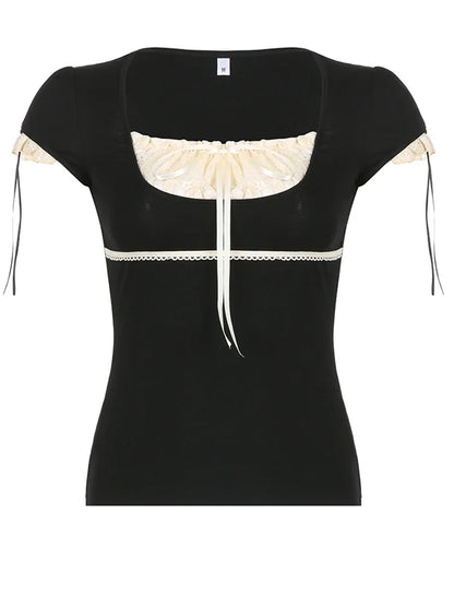 Y2k Lace Trim Crop Top Bow Cute Sweet Square Neck Tee Short Sleeve Harajuku Casual T Shirt Women Prepply Retro Korean Top Summer