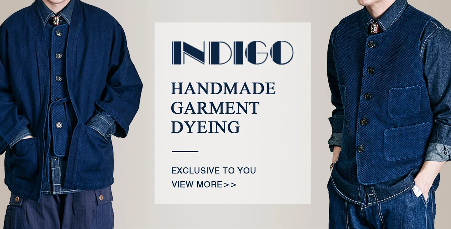 Indigo Cargo Jacket Men Vintage Heavy Weight Cotton Blue Dyed Workwear Tooling Jacket French Retro Multi-pocket Cardigan Coat