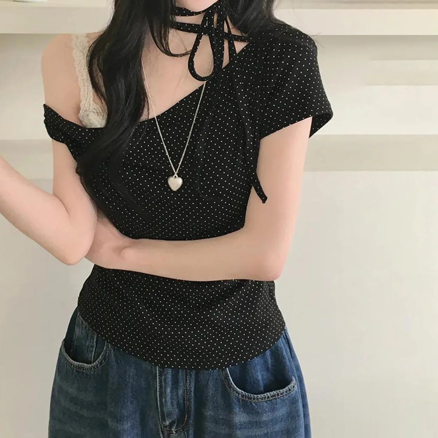 Fashion Polka Dot Prints Slim Fit Folds Women T-Shirts Sweet Cute Chic Design One-Shoulder Summer Shirts