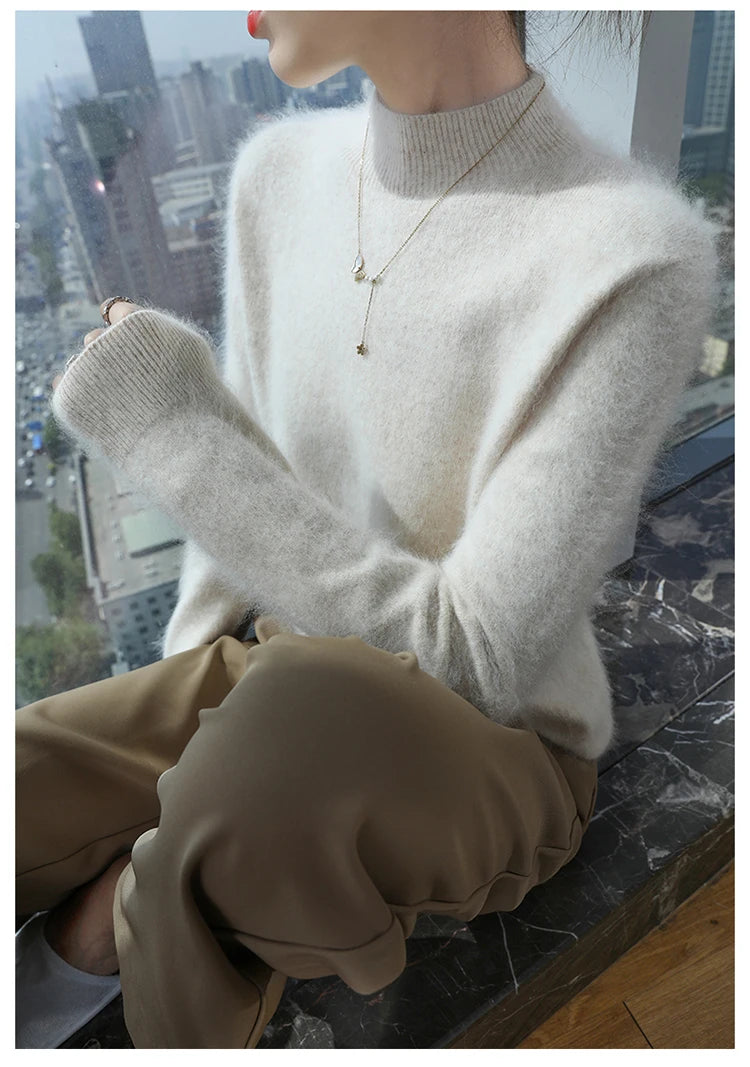 100% Pure Mink Cashmere Knitted Sweater Women's Semi-High Neck Loose Pullovers Casual Joker Warm Bottoming Shirt Autumn Blouse