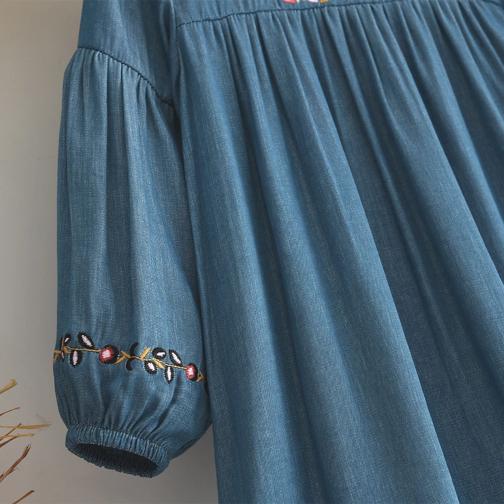 Bear Leader Korean Version Long Sleeve Blue Girls dresses on clearance sale Autumn Imitation Denim Flower Embroidery Dress