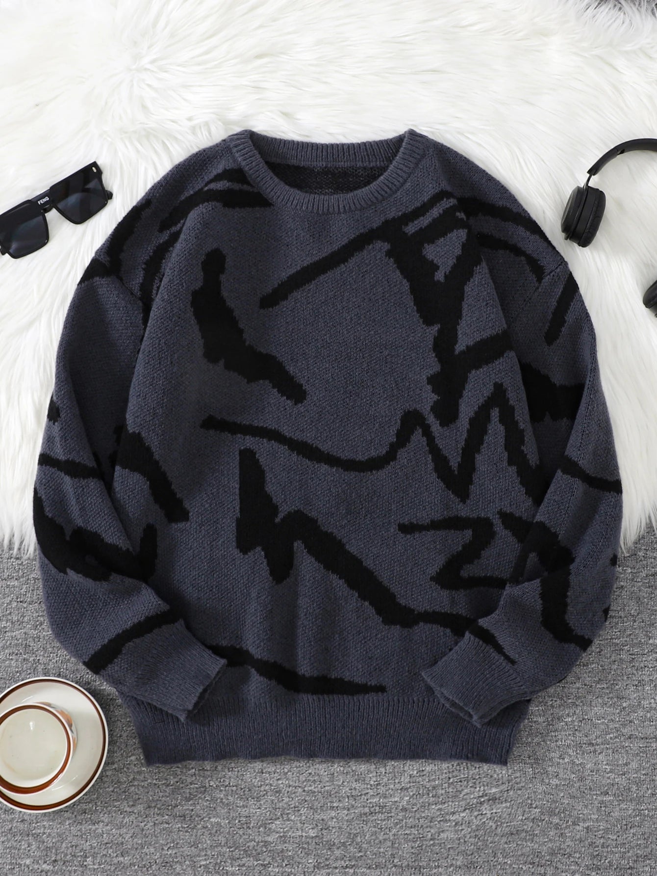 New Popular Spring Autumn Graffiti Jacquard Pattern Pullover Sweater Casual Round Neck Contrast Color Knitted Men's Pullover