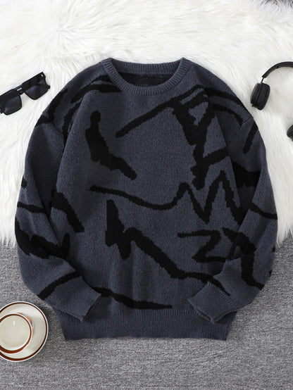 New Popular Spring Autumn Graffiti Jacquard Pattern Pullover Sweater Casual Round Neck Contrast Color Knitted Men's Pullover