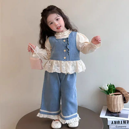 TZ2565/CS2567 Spring and Autumn Girls' Sleeveless Cowboy vest Set with Solid Color Lace Shirt Fashion New Product