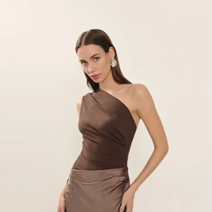 Luxary Solid Satin Maxi Dress Elegant One Shoulder Sleeveless High Waist Ruffle Robe 2025 New Summer Evening Party Clothing