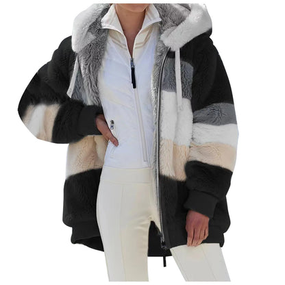 New Autumn/Winter Loose Plush Zipper Hooded Coat for Women