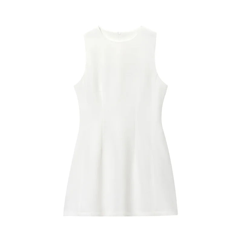 ETJ2025 summer new  women's ZW series elegant simple classic puffy round neck sleeveless waist short dress