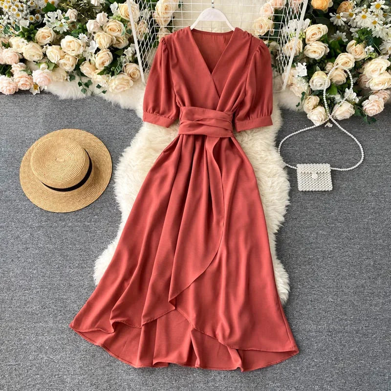 Women's Dress Spring New Temperament V-neck Solid Color Bubble Short-sleeved Irregular Ruffle Edge Lacing Dress Leisure Vestidos