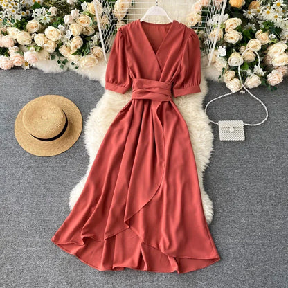 Women's Dress Spring New Temperament V-neck Solid Color Bubble Short-sleeved Irregular Ruffle Edge Lacing Dress Leisure Vestidos