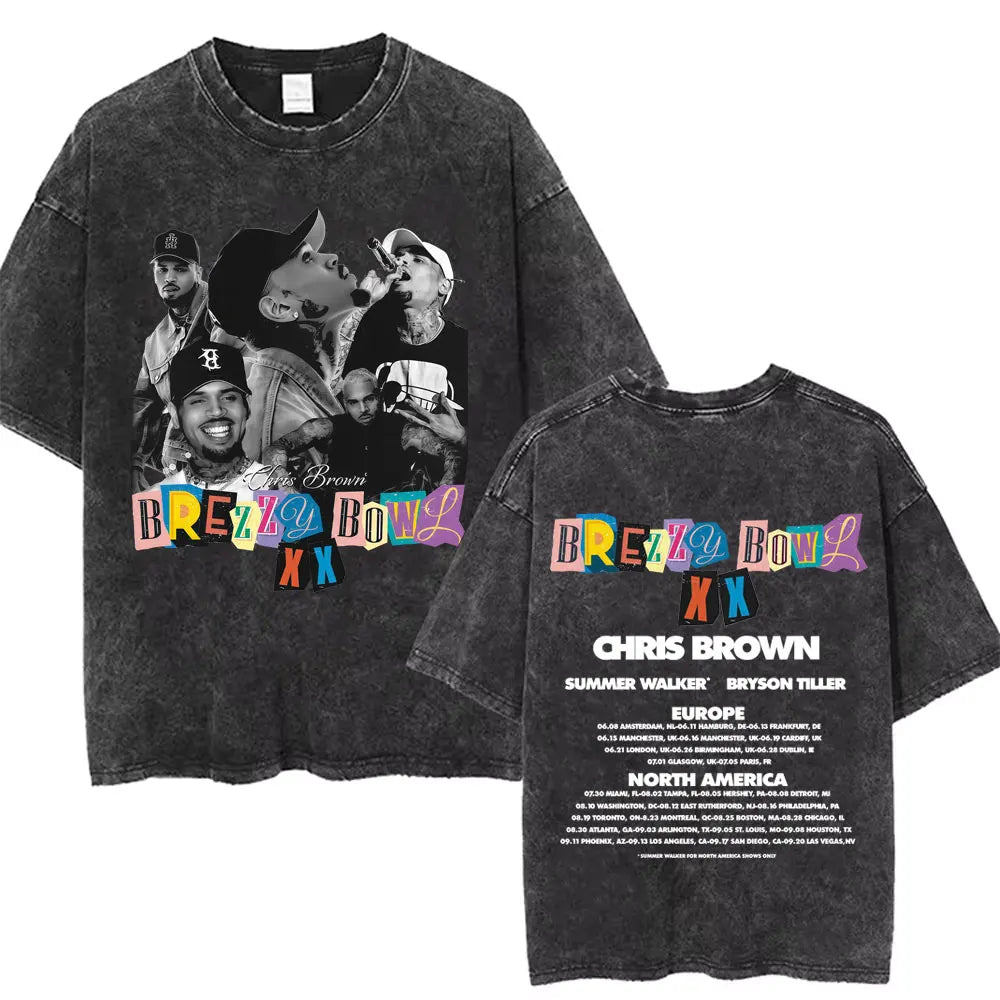 Vintage Washed Chris Brown Graphic T-shirt Breezy Bowl XX Tour 2025 Merch T Shirts Men Women Hip Hop Fashion Oversized T-shirts