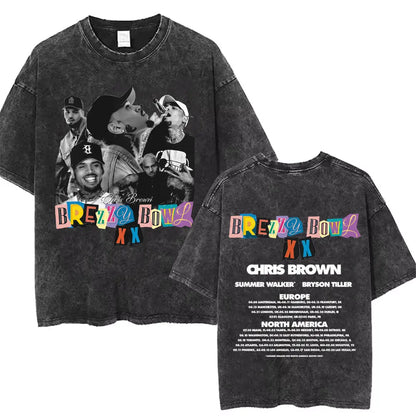 Vintage Washed Chris Brown Graphic T-shirt Breezy Bowl XX Tour 2025 Merch T Shirts Men Women Hip Hop Fashion Oversized T-shirts