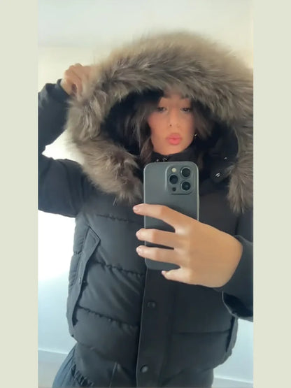 Hooded Faux Fur Collar Padded Coat Women Elegant Lantern Full Sleeve Single Breasted Pocket Ruched Winter Coats Chic Outerwears